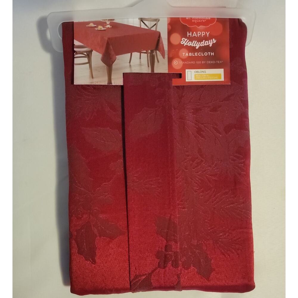 St Nicholas Square Happy Hollydays Tablecloth Oblong 60x84" Red Poinsettia